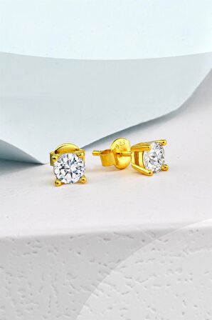 Gümüş  Zirkon 5,0 mm Tek Tırnak Tek Taş Pırlanta Montür Gold Gümüş Küpe